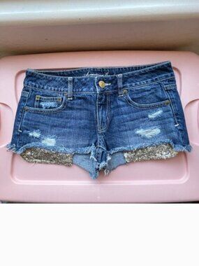 American Eagle 4 Shorts Blue Denim Sequin Exposed Front Pocket Distressed
